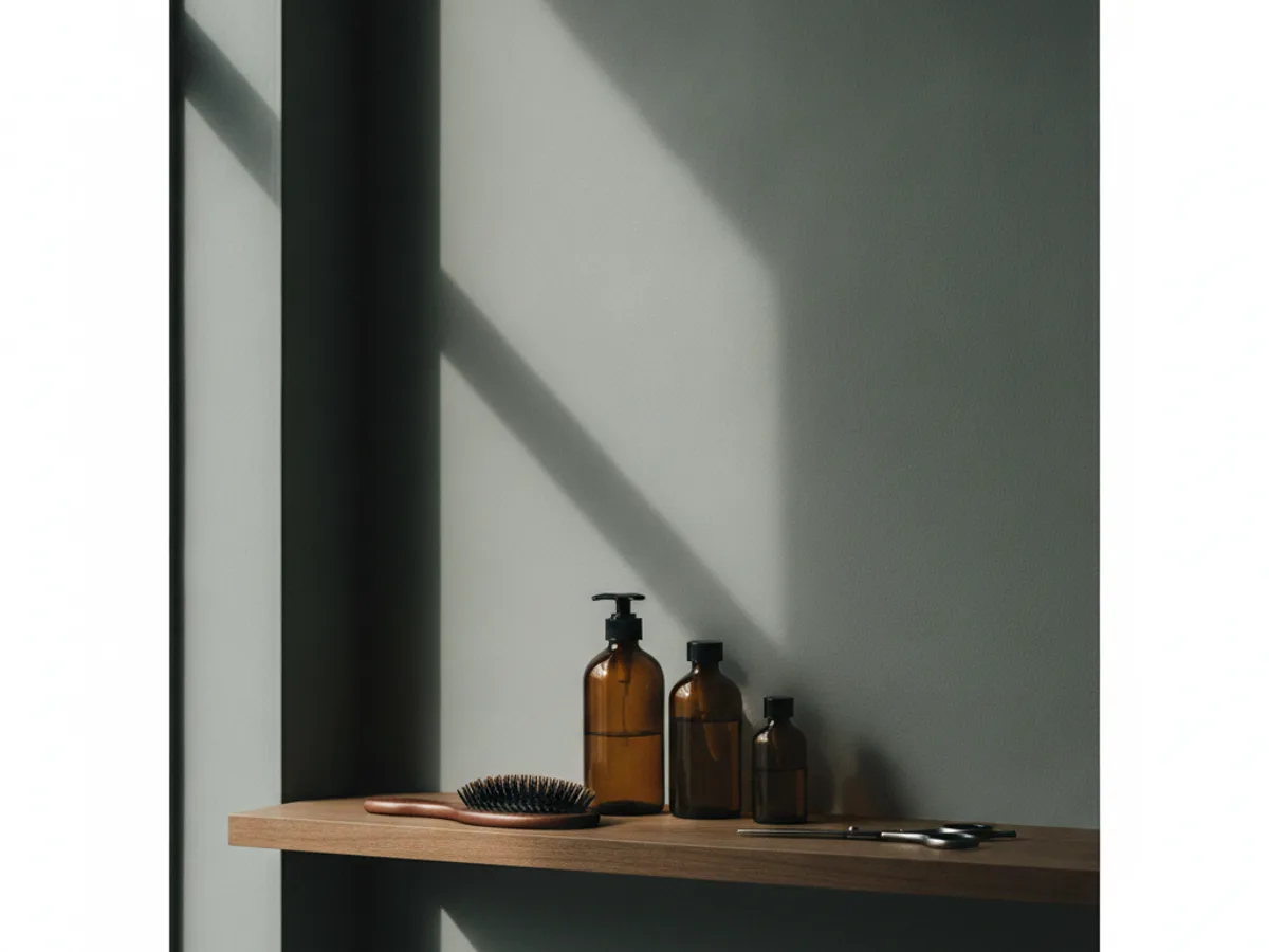 Minimalistisches Regal mit Pflegeprodukten im Studio